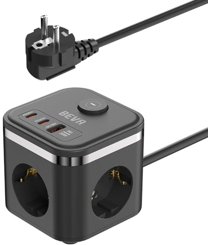 BEVA 6 in 1 Mehrfachsteckdose mit 2 USB C & 1 USB A, 3 Fach, 1.5m Kabel