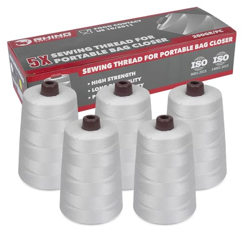 RHINO Pack de 5 Bobinas de Hilo para Máquinas de Coser Sacos | Conos de Poliéster 12/4 200g para Cerradoras de Costales de Alta Resistencia | Aptos para el Contacto Alimentario (Blanco)