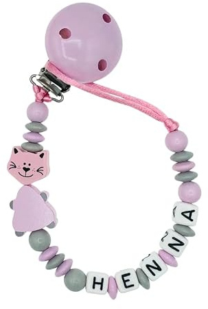 Nuckelkette mit Namen  KATZE  Rosa Hellgrau/Baby/Unisex/Personalisiert/HANDMADE
