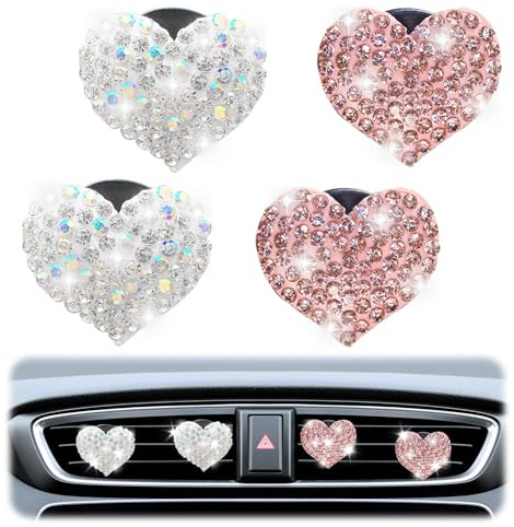 4 Stück Auto Lufterfrischer Clip,Auto Deko Freshener Clip,Auto Zubehör Innenraum Deko Duft Clip,Auto Innenraum Deko,für Car Vent Des Niedlicher Girly Pink Glitzer Strass Liebe Herzform Dekoration Set