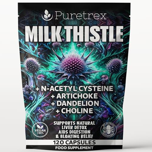 Puretrex Milk Thistle Complex – 120 Vegan Capsules – Liver Support Supplement with NAC, Artichoke, Dandelion, Choline, Turmeric & BioPerine® – Detox, Digestion & Bloating Relief – UK Made