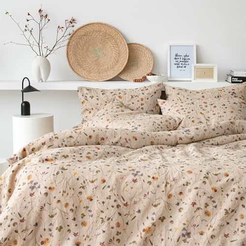 Freyamy Blumen Braun Bettwäsche 200x200 3tlg,Chic Botanisches Aesthetic,Gewaschener Mikrofaser Bettwäsche-Set, 1 Bettbezug mit Reißverschluss und 2 Kissenbezüge 80x80cm