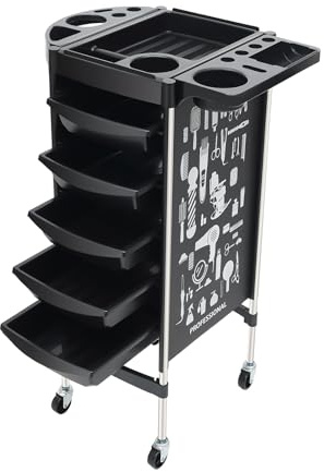Carrito de peluquería con 5 cajones, accesorio profesional de peluquería, carrito de trabajo con soporte para secador de pelo y cesta colgante, color negro