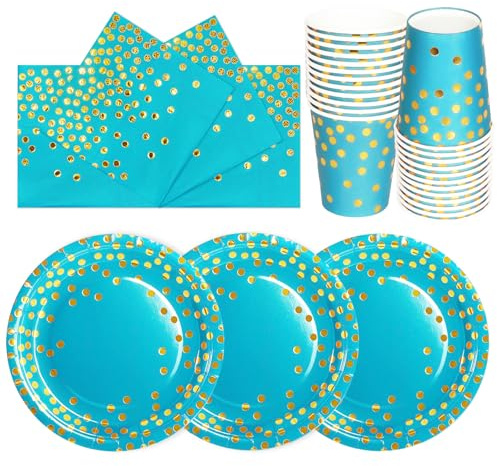 PYAILI Anniversaire Vaisselle de fete 72 Pièces Or Bleu Clair Poudré Party Assiettes en Papier Set Assiettes de Fête Jetables Papier Tasses Serviettesr, pour Barbecue les Fêtes les Pique-24 Invités