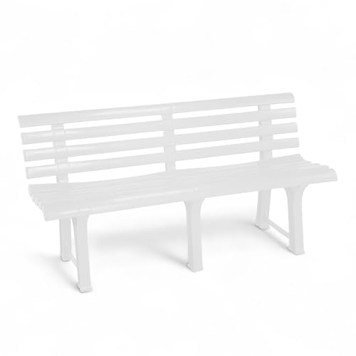 Spetebo Banc de Jardin 3 Places en Plastique - 145 x 74 cm - Blanc - Banc de Jardin avec Dossier - Résistant aux Intempéries - Charge Maximale : 200 kg