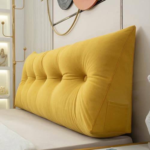 Almohada de lectura triangular grande con forma de cuña – Cojín de respaldo para dormitorio y sofá, almohada doble con funda lavable, color amarillo, 60 x 50 x 20 cm, perfecta para mayor comodidad y