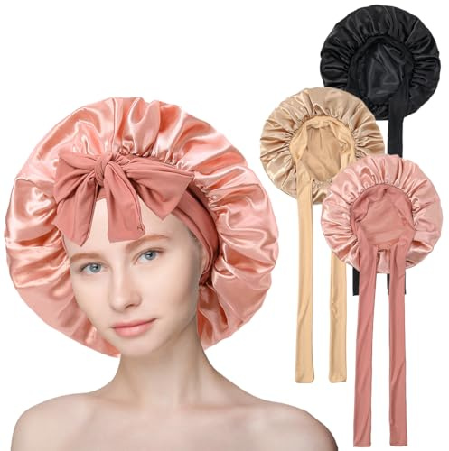 Lytonix 3 Stück Verstellbare Satin Haarhaube mit Elastischem Band, Seidenhaube zum Schlafen Lange Haare,haarhaube für Die Nacht Seide für Frauen Mädchen Nachtzeit Verwenden, Lange Haare Lockiges Haar