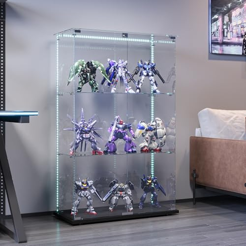KSFASHZ Vitrine aus Glas mit LED, Glasvitrine mit 3 Einlegeböden 2 Türen, Vitrine aus Glas, Vitrine mit Säulen, transparente Vitrine aus Glas, Schwarz