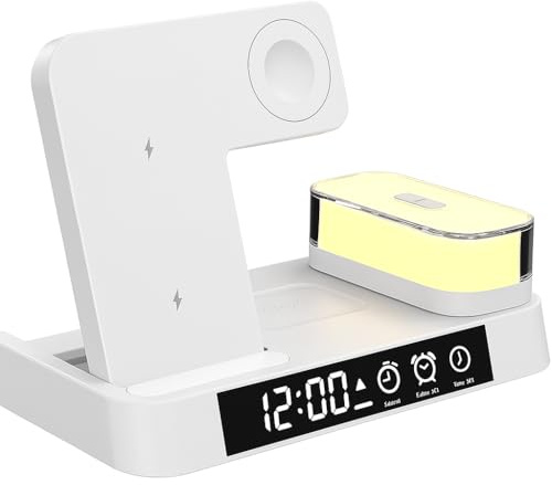 3-in-1 Apple Wireless Charging Station – Foldable Charger Stand with Alarm Clock & LED Night Light for iPhone, Apple Watch & AirPods (White)