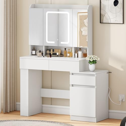 YITAHOME Coiffeuse avec Miroir et éclairage LED, tiroirs et, Compartiments réglables, Coiffeuse Moderne pour Chambre à Coucher et Maquillage, Support pour sèche-Cheveux, Blanche