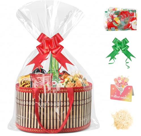 Stor tom presentkorg med transparent presentfolie (röd) | Bambukorg med 2 glaspåsar, 2 bågar att dra, till jul, födelsedag, babyparty, bröllopspresent