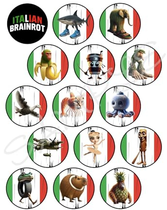 Italian Brainrot Themed Edible Cupcake Toppers x15 A4 Icing Sheet