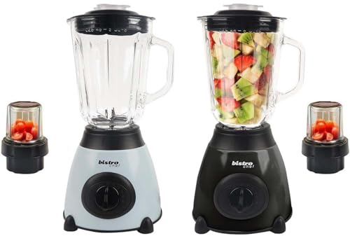 Bistro Chef 2-in-1 Nuts Ice Crushing Mixer Blender 850W, Professional Handheld Kitchen Blender 1.5L for Smoothie Maker, Fruit Juice, Shake, Made from Glass & Stainless Steel (Blue & Black, Pack of 2)