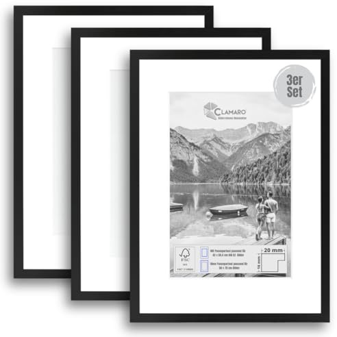 CLAMARO Bilderrahmen 50x70 cm, 3er Set, Schwarz Matt, Profilbreite 20 mm | Acrylglasscheibe, HDF-Rückwand mit Standfuß, Wandaufhängung, FSC-Holz, für Fotos, Urkunden, Poster