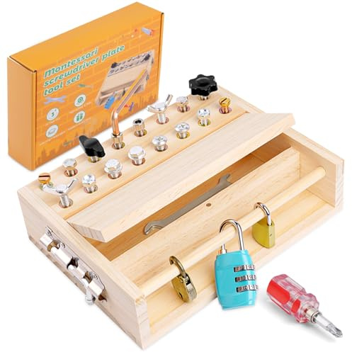 AXFEE Montessori Spielzeug, Schraubendreher Board Set ab 3 4 5 Jahre, Holz Schraubbrett für Feinmotorik mit Schlüssel und Schloss, Holz Spielzeug Lernspielzeug Motorikspielzeug für Jungen Mädchen
