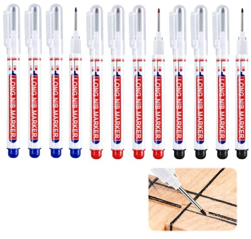 12 Piezas Marcadores de Agujeros Profundos, Rotuladores de Agujero Profundo Punta Larga 20 mm, Marcadores Impermeables de Secado Rápido para Madera Metal Plástico Cartón, Carpintería (Negro Azul Rojo)