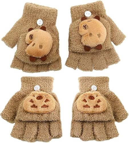 Capybara Guantes Sin Dedos Niño, 2 Pares Convertibles Flip Top Guantes Manoplas de Invierno Guante de Medio Dedo Guante Cálidas de Punto Manoplas de Dibujos Animados para Niños Niñas 3-8 Años