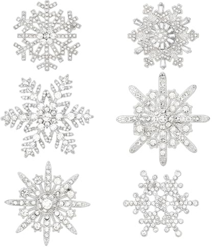 DICOSMETIC 6 Stück 6 Stile Weihnachts Schneeflocken Anstecknadeln Aus Legierung Silber Strasssteine Winter Schneeflocken Broschen Set Neujahr Schmuck Accessoires Für Damen Herren Bekleidung