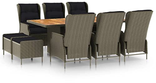 QJBSAVVA 9-TLG. Garten-Essgruppe 200 x 100 cm mit Akazienholz-Tisch, verstellbare Poly-Rattan-Sessel, Liegefunktion, Ocker-Braun für Garten Balkon Terrasse