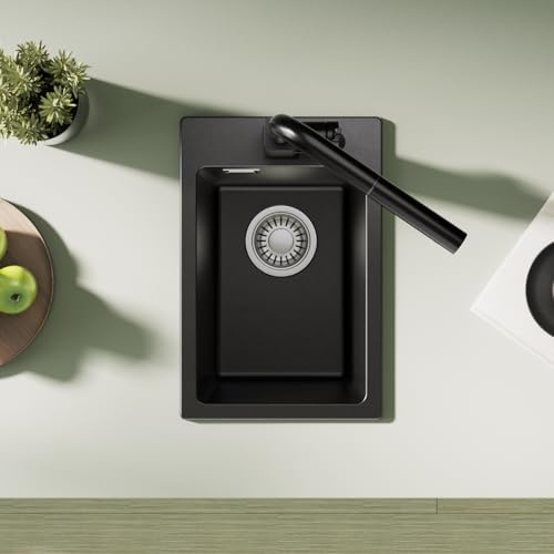 CECIPA Granitspüle 30×45cm, Spülbecken Küche Klein, Spüle Schwarz | Küchenspüle Schwarz, Einzelbecken mit Ablaufset, Moderne Einbauspüle Granit, Rechteckiges Waschbecken Küche, Spülbecken Mini
