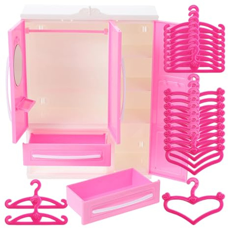 TOBBOMEY Armario para Muñecas ABS de 3 Lados con 21 Piezas Incluye 10 Perchas Rectas y 10 Perchas en Forma de Corazón Muebles Miniatura para Almacenamiento y Organización en Casas de