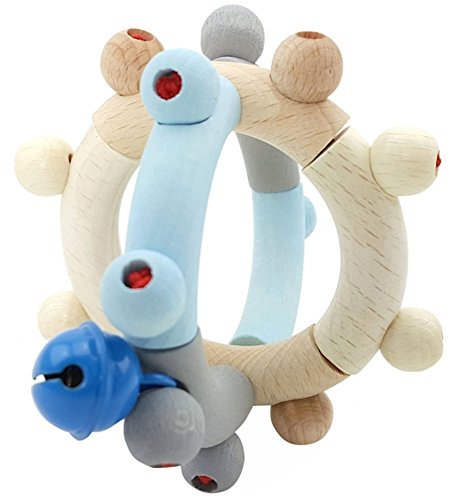 Hess Holzspielzeug 11108 - Motorikrassel aus Holz in Form Einer Kugel, Nature Serie in Blau, mit beweglichen Teilen, ab 6 Monaten, handgefertigt, für Greifübungen