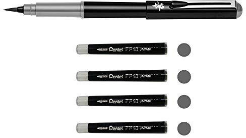 Pentel GFKPN Pocket Brush Pinselstift, Pigmenttinte für Kalligraphie, Skizzieren, Zeichnungen, Grau + 4 Patronen