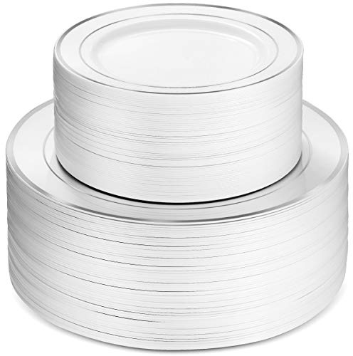 Munfix 100 Silver Plastic Plates Set, 50 Pcs 10.25 Inch Dinner and 50 Pcs 7.5 Inch Plastic Dessert Plates, Elegant Fancy Heavy Duty Disposable Plates for Party, Wedding, White with Silver Rim