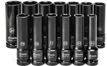 SATA ST34398T Juego de llaves de vaso de impacto de pared delgada profunda con disco de 13 piezas y 1/2 pulgada, tamaños métricos, con cuerpo de cromo molibdeno