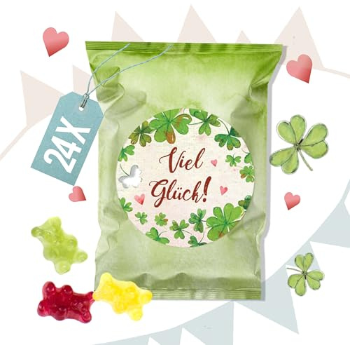 Glücksbringer Gummibärchen Mini-Tütchen, 24 Stück: Kleine Tüten Glücksbärchen, Prüfung, Abitur & Führerscheinprüfung, Silvester & Neujahr, Fruchtgummi Geschenke, Kleeblatt Sticker Viel Glück, 7 x 9 cm