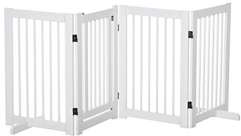 PawHut Absperrgitter Hund Freistehendes Schutzgitter mit Füßen 204 x 75 cm Holz Hundegitter Treppenschutzgitter Türschutzgitter Treppengitter für Treppen, Türen, Küche, Flur, 4 Paneelen, Weiß