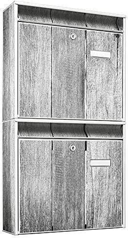 banjado Briefkastenanlage 2 Fach - 2 Briefkästen 36x64x10cm groß - Doppelbriefkasten Set - Namensschild, 2 Schlüssel, Montagematerial - Stahl verzinkt weiß - Motiv Holz Monochrom