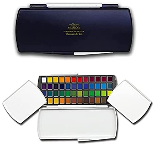 MIJELLO 87029 Mission Gold Aquarell-Kasten mit 1/2 Näpfchen, cadmiumfreie Künstler-Aquarellfarbe, 48 halbe Näpfchen je 1,2 ml Aquarell-Farbe, inkl. 2 Mischpaletten