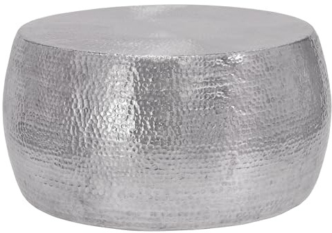 WOMO-DESIGN Couchtisch Ø 90x45 cm Silber, Unikat, Hammerschlag-Optik, Handgefertigter Beistelltisch, Orientalischer Wohnzimmertisch, Runde Tisch, Aluminium Loungetisch, Flacher Sofatisch, Metall Tisch