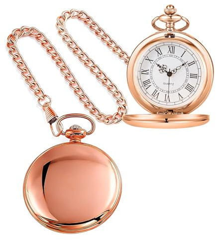 Alwesam Rose Gold Smooth Pocket Watch Rose Gold Steel Quartz Roman Numerals with 37cm Chain for Father's Day Xmas Best Gifts