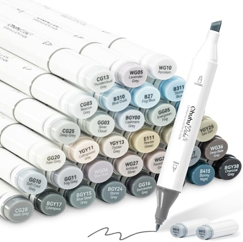 Ohuhu Rotulador de alcohol de arcilla gris, doble punta base de alcohol juego de rotuladores artísticos para artistas colorear sombreado 36 colores en escala de grises con 1 licuadora cincel y fino