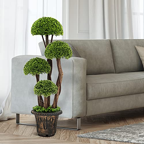 TANGZON Artificial Topiary Cypress Tree, 3FT/90CM Greenery Faux Topiary Cedar Ball Plant with Cement Base & 4 PE Trunks, Indoor Outdoor Fake Potted Plant Bonsai for Home Office Decoration (1 Pack)