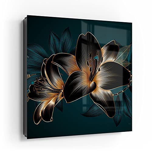 DEQORI Schlüsselkasten schwarz | 30x30 cm | Motiv Hochwertige Liliengrafik | Glas & Metall Schlüssel-Box | Schlüsselschrank mit 50 Haken + 2 Magnete | Moderne Box magnetisch & beschreibbar