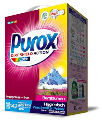 PUROX COLOR Waschpulver im Karton (142 Waschladungen) – Waschmittel für farbige Textilien, entfernt Flecken, umweltfreundlich, schutz vor Kalkablagerungen, 10 kg