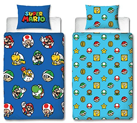 Nintendo Super Mario - Juego de Funda de edredón Oficial para Cama Individual, diseño Continuo, Funda de Cama Reversible Azul de 2 Caras, Producto Oficial, Incluye Funda de Almohada a Juego