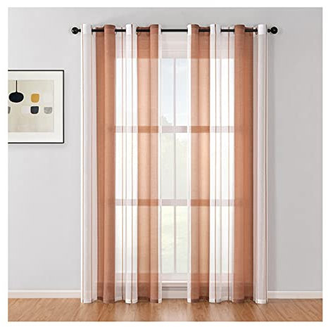 Lieson Polyester-Voile-Vorhang, doppelte Vorhänge für Wohnzimmer mit Ringen, transparenter Streifenvorhang für Schlafzimmer und Wohnzimmer, elegant, 132 x 138 cm, Kaffee