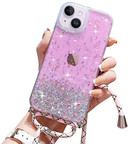 Wirvyuer Coque avec Cordon pour iPhone 15 Coque Collier Paillette Téléphone Étui avec Cordon Réglable Transparent Silicone Case Housse avec Corde pour iPhone 15 Rose
