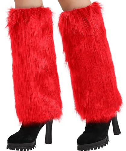 Nanxson Femmes Jambière Guêtres Fourrure Genouillères Chauffe-jambes Chaud Hiver pour Halloween Noël Nouvel An Fête (Rouge Vif)