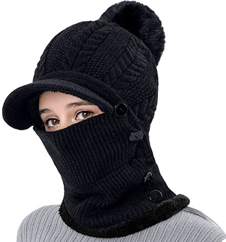 Rayson Kapuzenschal Damen Wintermütze mit Schirm Fleece Gefüttert Strickmützen 3 In 1 Verstellbarer Gesichtsschutz Balaclava für Damen(Schwarz, Einheitsgröße)