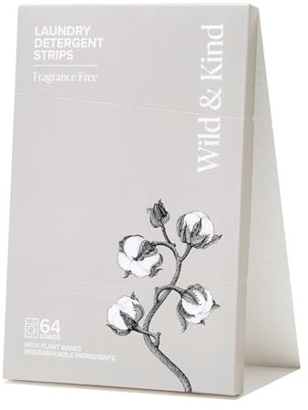 Wild & Kind Hypoallergenic Laundry Detergent Strips Sheets 64 loads Eco Ultra-Concentrated Non-Bio Fragrance Free & Unscented for Machine and Hand Washing