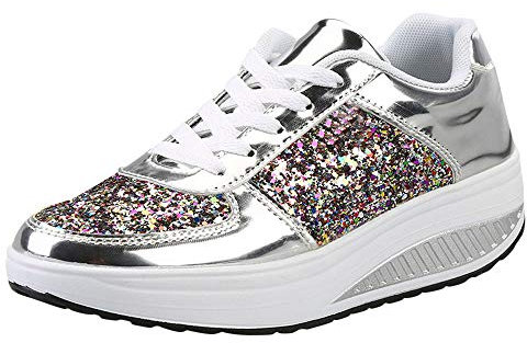 Zapatos deportivos para mujer y niña, con lentejuelas, zapatos de cuña Shake Fashion para mujer, Silver, 36.5/36 EU
