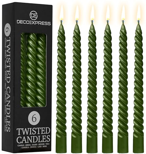 DECO EXPRESS Stabkerzen Set, 6er Packung, Tropffreie Gedrehte Bunte Kerzen, 6 Stunden Brenndauer Unparfümiert, Schlafzimmer Deko Geschenke für Valentinstag und Muttertag (Metallic-Olive, 6er-Pack)