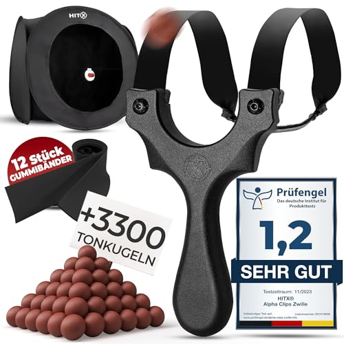 HITX® Zwille Steinschleuder Spar-Bundle [AC-Berlin] - 1x Alpha Clips Schleuder | 3300x Tonkugeln Munition | 12x Gummibänder Extra Stark | 1x Kugelfang mit Zubehör | Slingshot Bundle Set