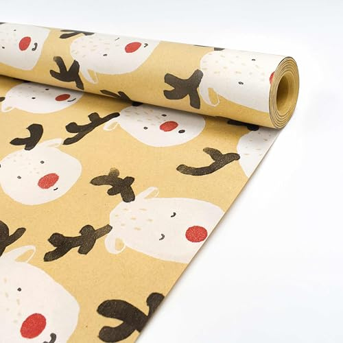 Rouleau de papier cadeau de Noël 43 cm x 15 m, papier d'emballage kraft recyclable imprimé avec élan pour Noël, anniversaires et décorations respectueuses de l'environnement