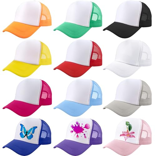 SGBETTER Confezione da 12 cappelli da camionista vuoti per adulti fai da te sublimazione cappellini da baseball in rete cappello estivo per uomo donna sport estivo, Set di colori 1, Taglia unica